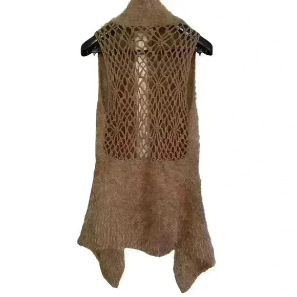 Escio Duster Women's Eyelash Knit Sweater Vest Size M Tan Crochet Back Boho Cozy - Picture 9 of 11